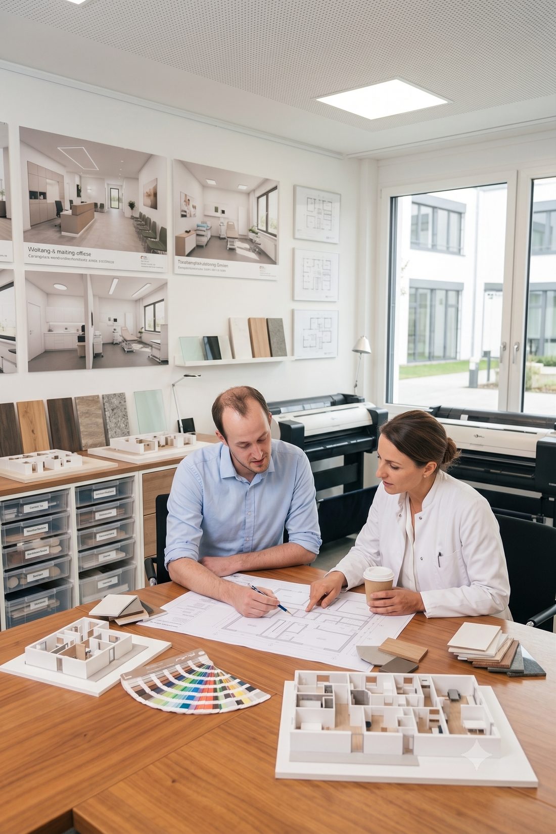 Ärztin im Gespräch mit einem Norer-Planer über Grundriss und Materialmuster